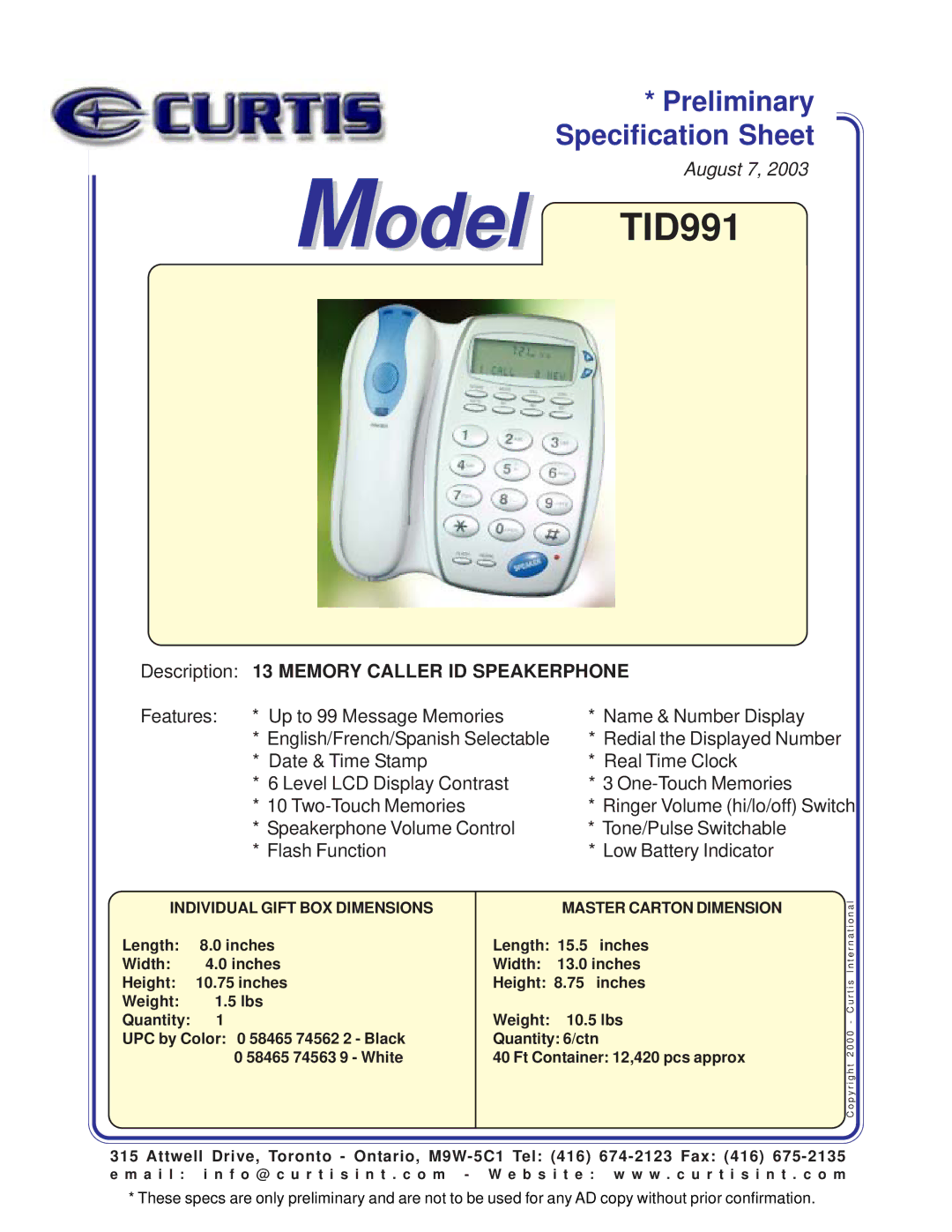 Curtis TID911 specifications Model TID991, Memory Caller ID Speakerphone, Individual Gift BOX Dimensions 