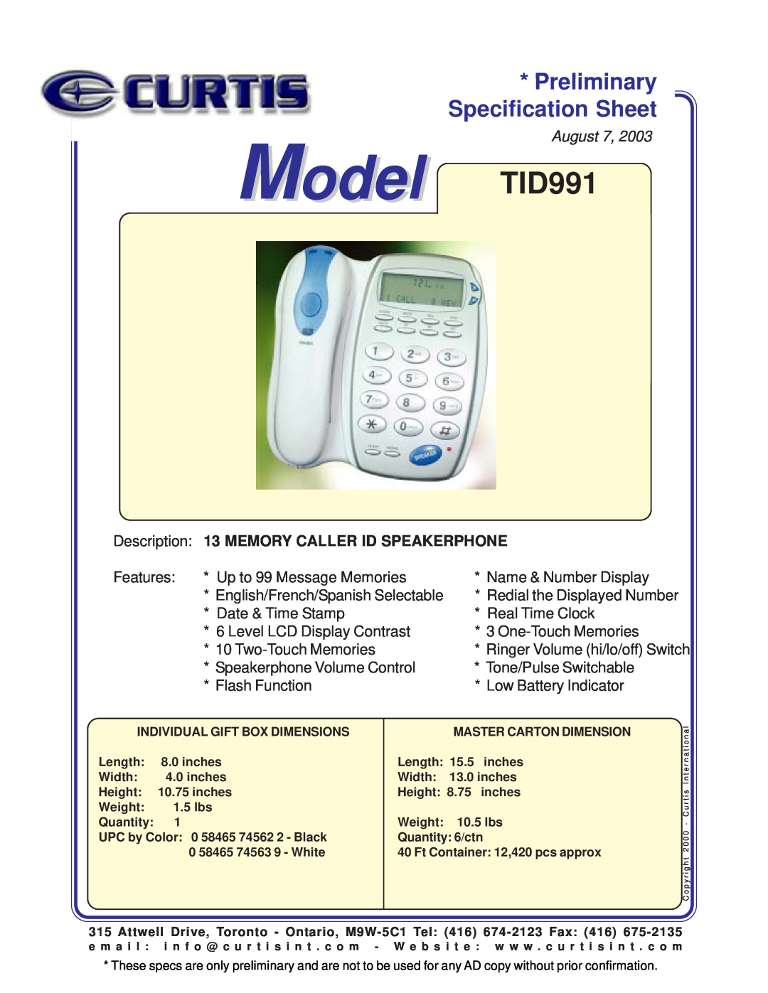 Curtis TID911 specifications Specification Sheet, Model TID991, Preliminary, August 7, Memory Caller Id Speakerphone 