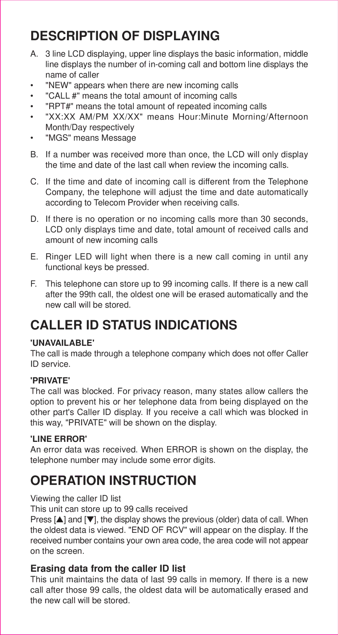 Curtis TID991 owner manual Description of Displaying, Erasing data from the caller ID list 