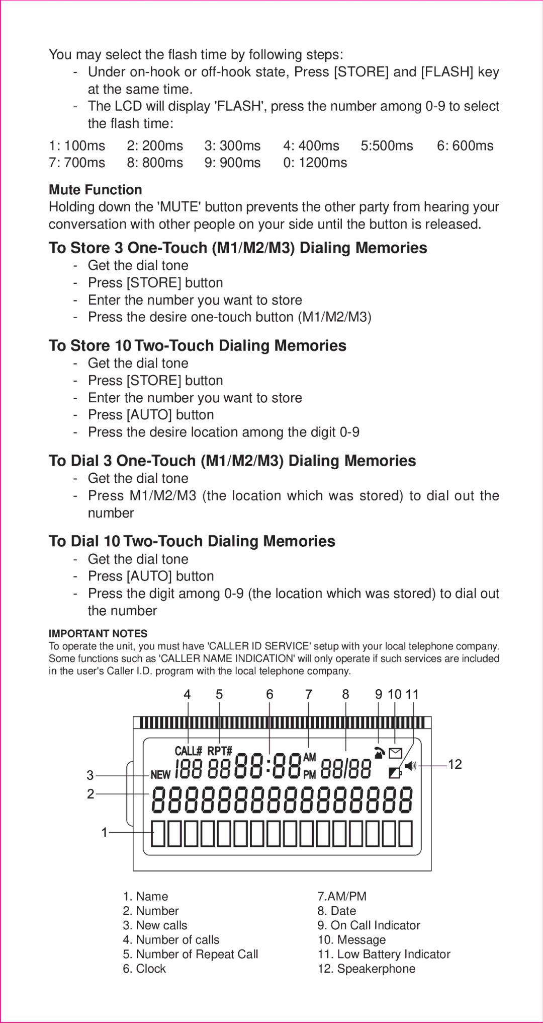 Curtis TID991 To Store 3 One-Touch M1/M2/M3 Dialing Memories, To Store 10 Two-Touch Dialing Memories, Mute Function 