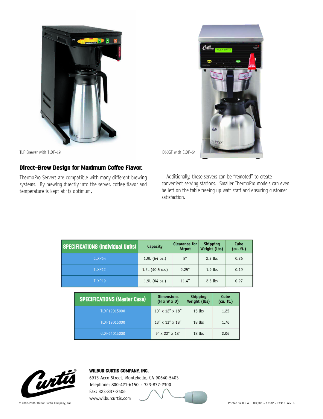 Curtis TLXP12 Direct-Brew Design for Maximum Coffee Flavor, Specifications Master Case, Specifications Individual Units 