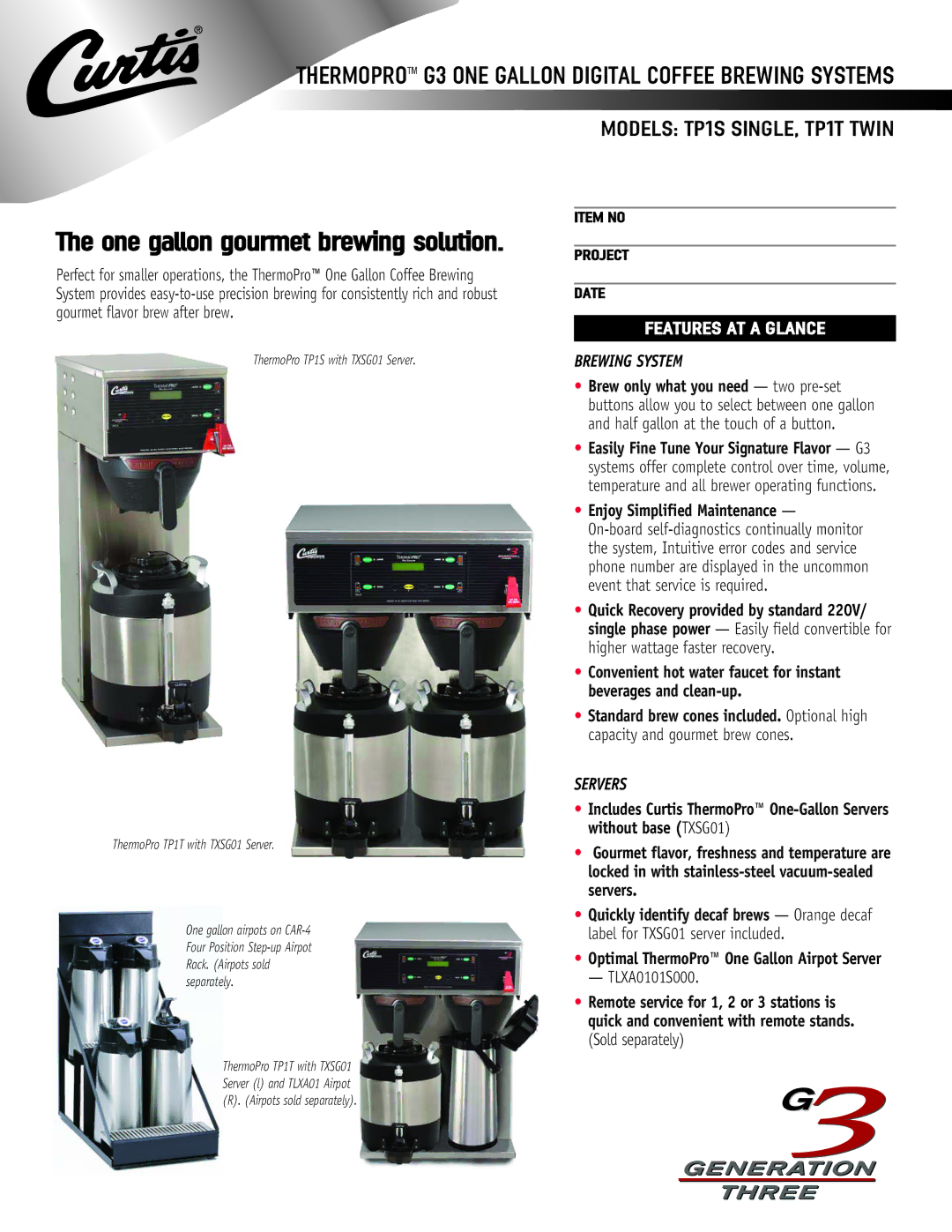 Curtis TP1S SINGLE, TP1T TWIN manual Brewing System, Servers, Item no Project, Date 