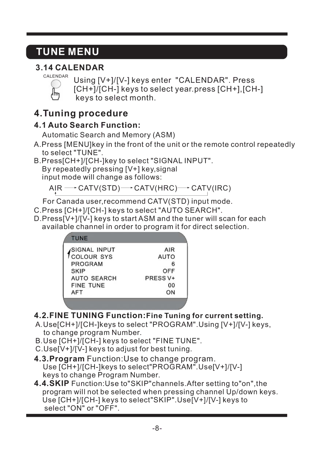 Curtis TV1311 manual Tune Menu, Calendar, Auto Search Function 