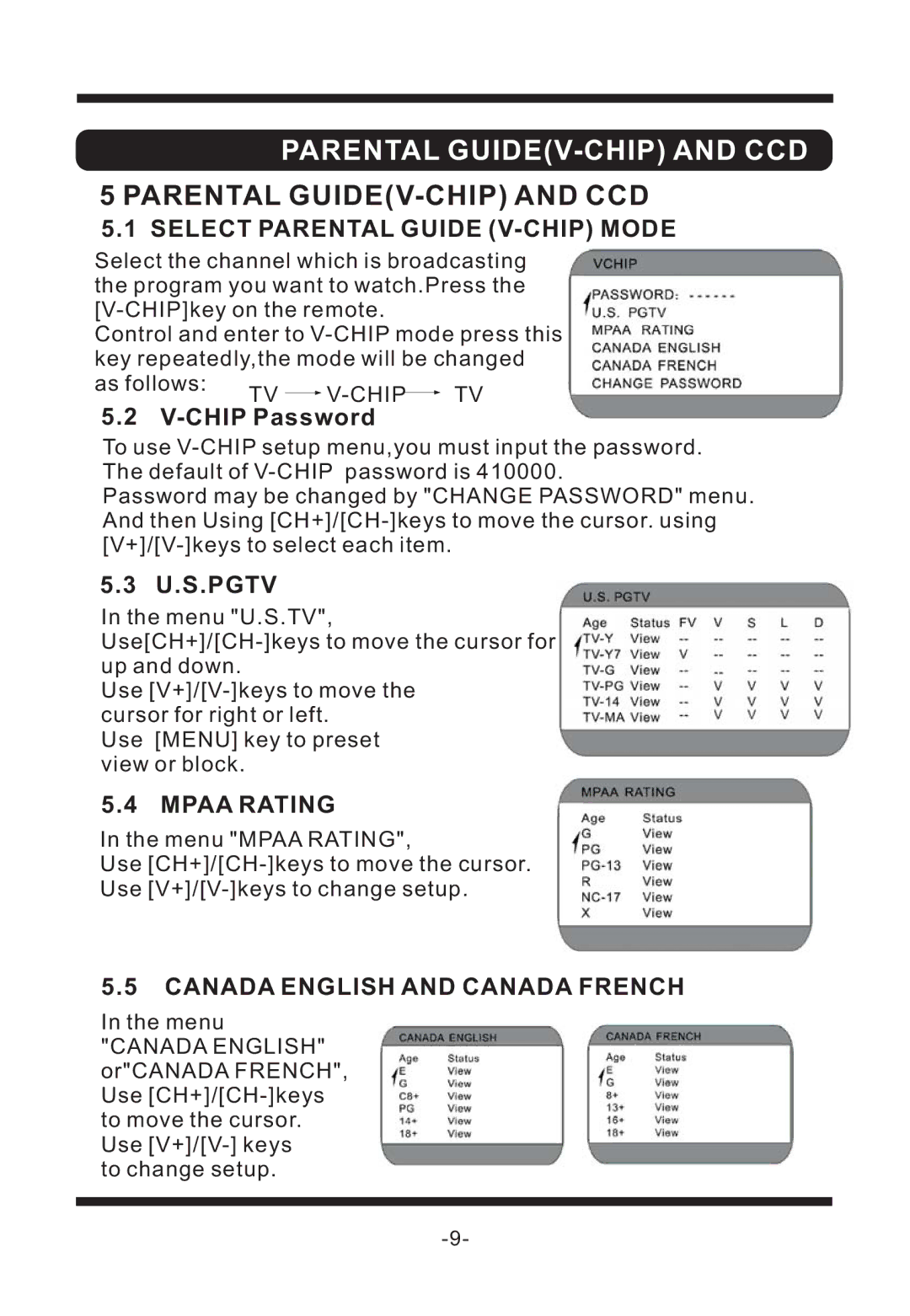 Curtis TV1311 Select Parental Guide V-CHIP Mode, Chip Password, U.S.Pgtv, Mpaa Rating, Canada English and Canada French 