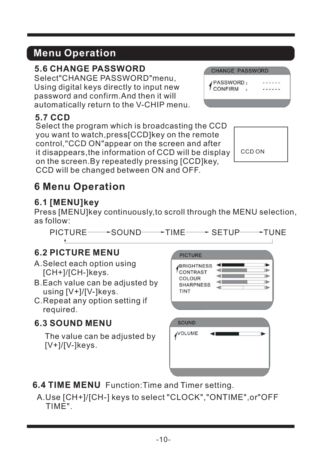 Curtis TV1311 manual Ccd, MENUkey 