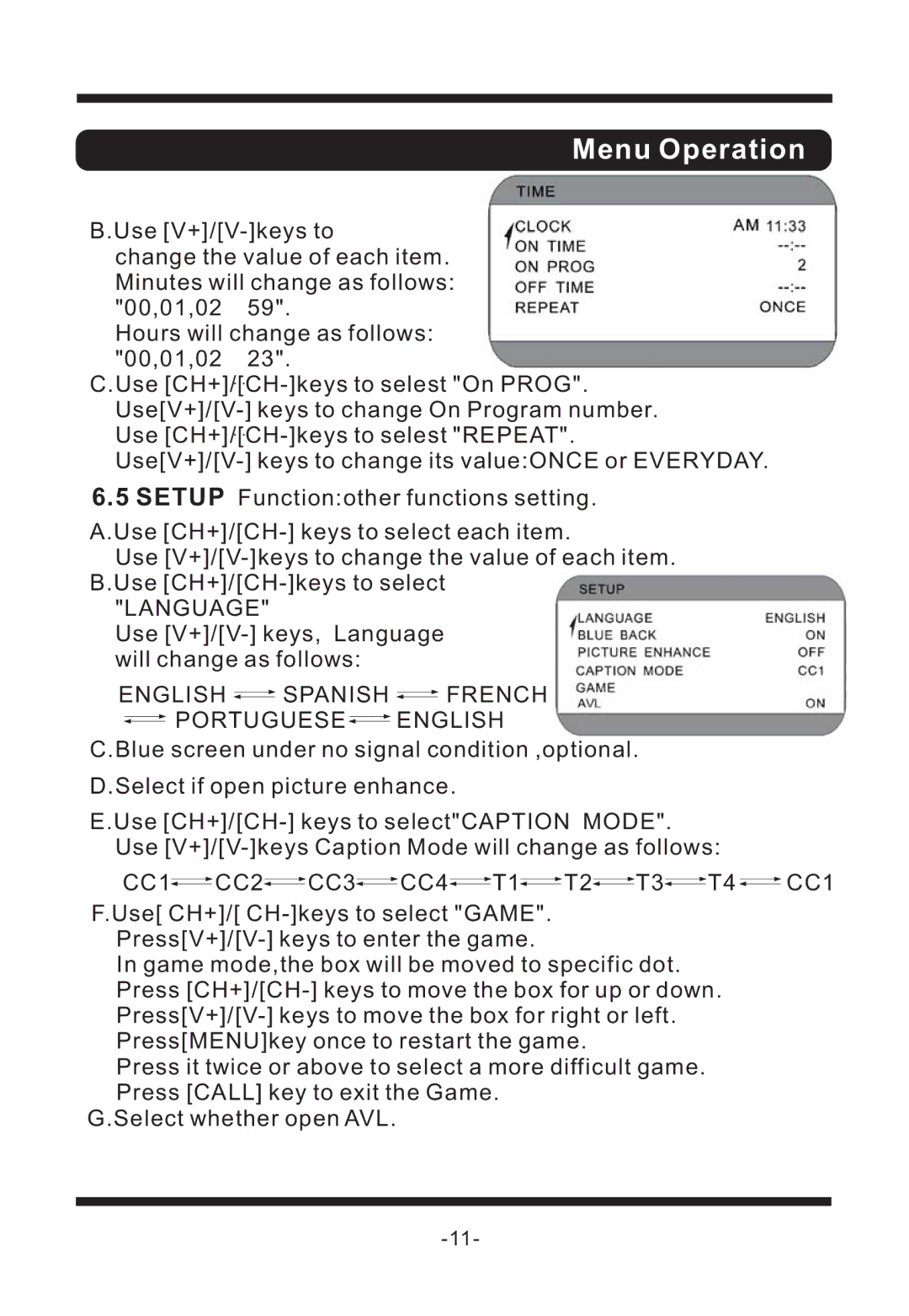 Curtis TV1311 manual Language 