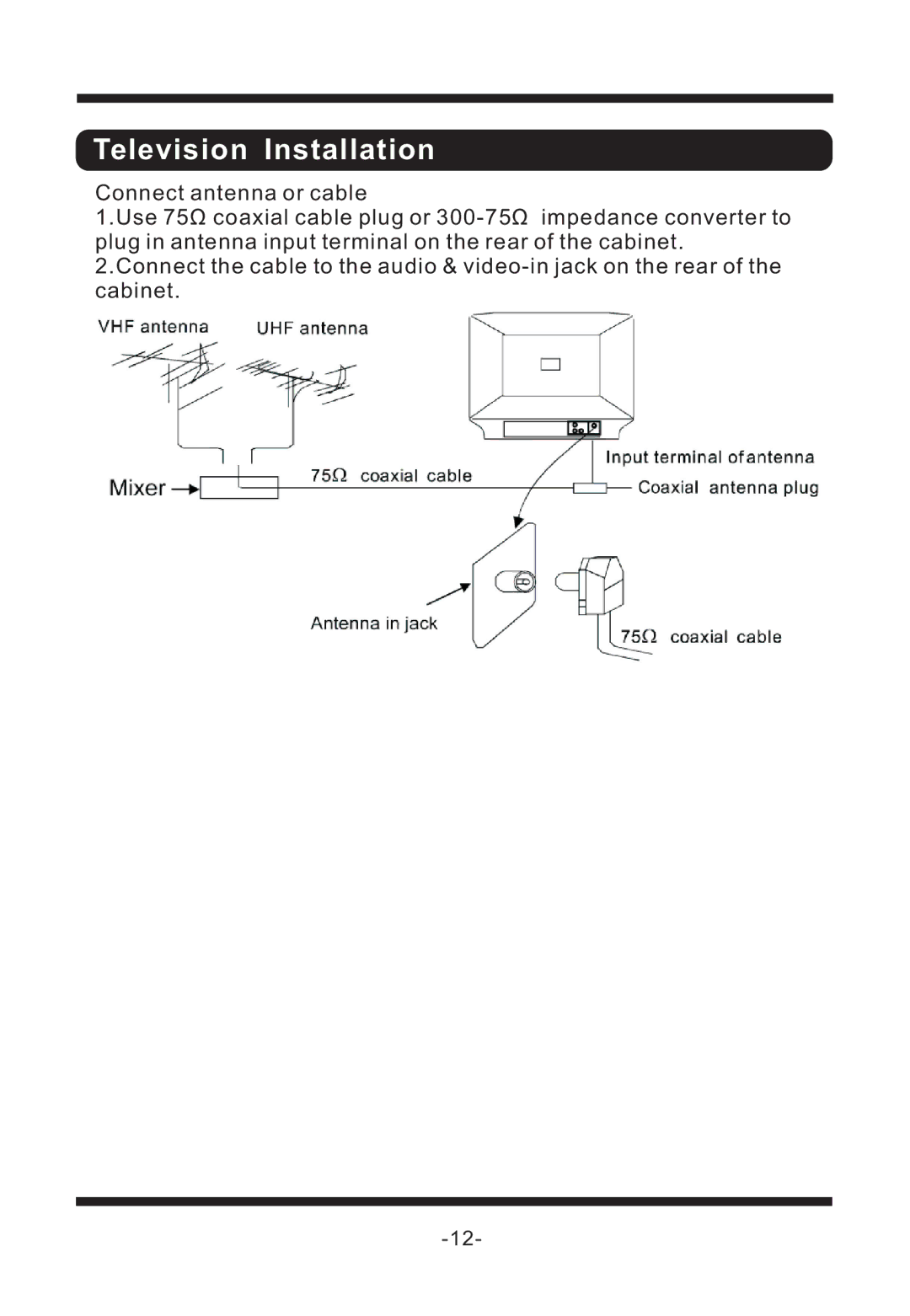 Curtis TV1311 manual Television Installation 