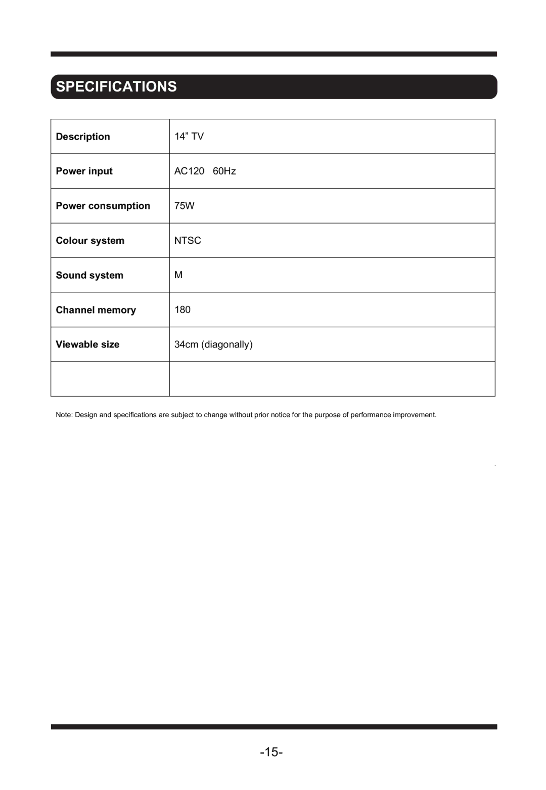 Curtis TV1311 manual Specifications 