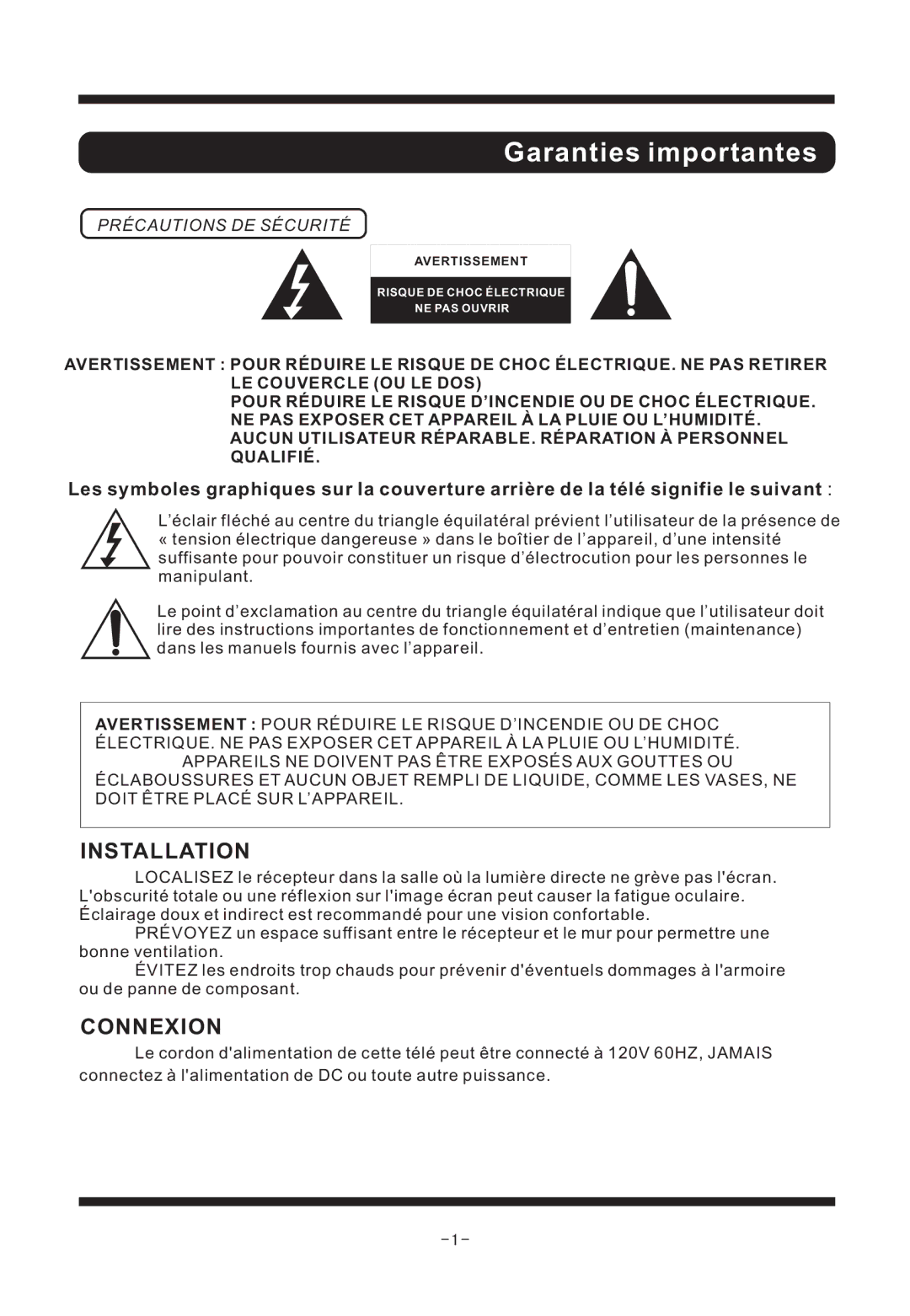 Curtis TV1311 manual Garanties importantes 