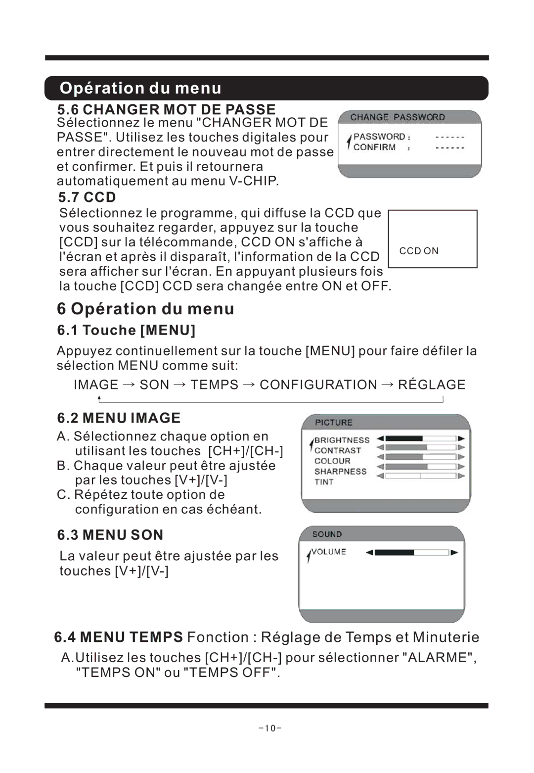 Curtis TV1311 manual Opération du menu, Touche Menu 