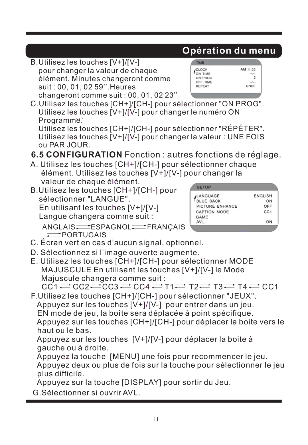 Curtis TV1311 manual Configuration Fonction autres fonctions de réglage 