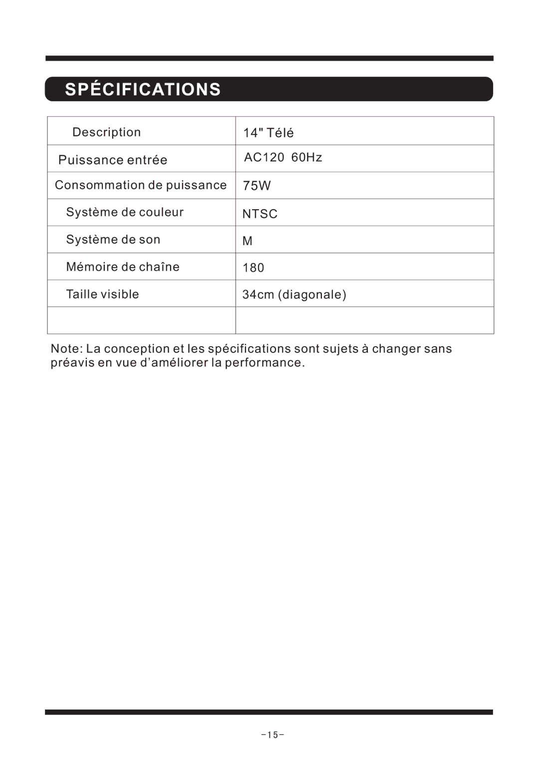 Curtis TV1311 manual Spécifications 