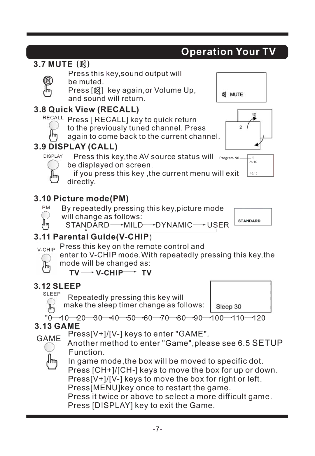 Curtis TV1311 manual Operation Your TV, Display Call 