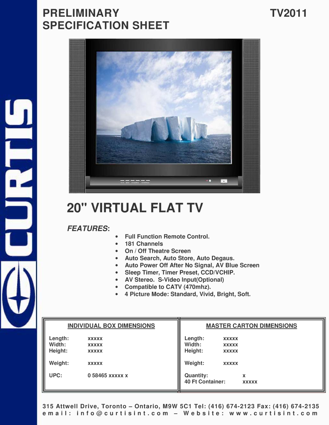 Curtis TV2011 specifications Virtual Flat TV, Features, Individual BOX Dimensions Master Carton Dimensions 