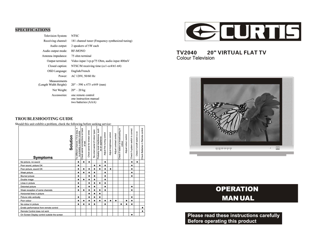 Curtis TV2040 manual 