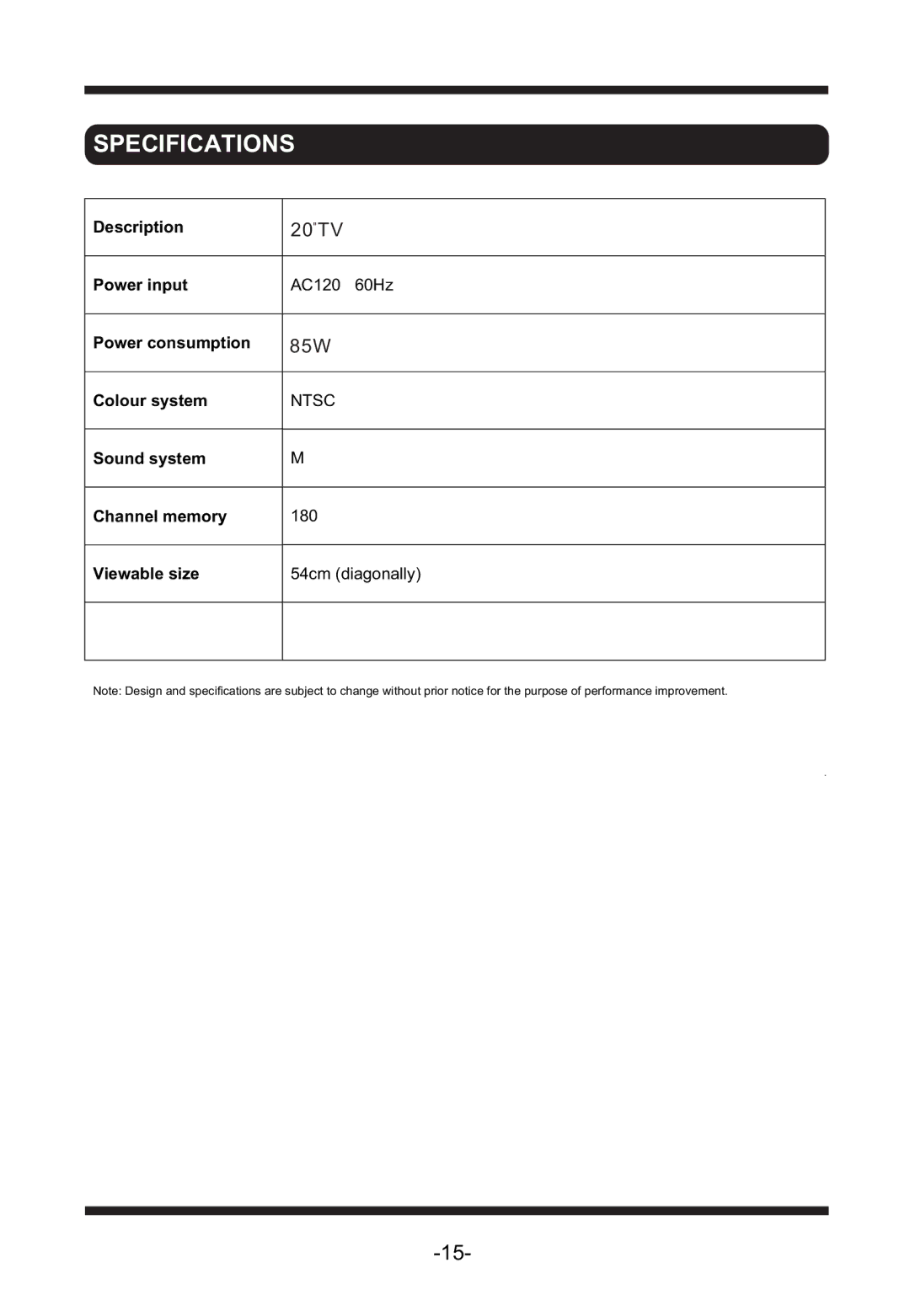 Curtis TV2040F manual Specifications 