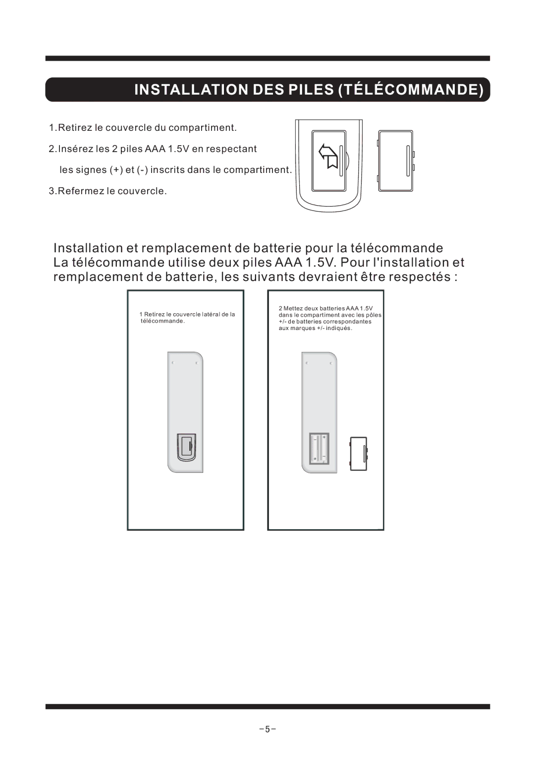 Curtis TV2040F manual Installation DES Piles Télécommande 