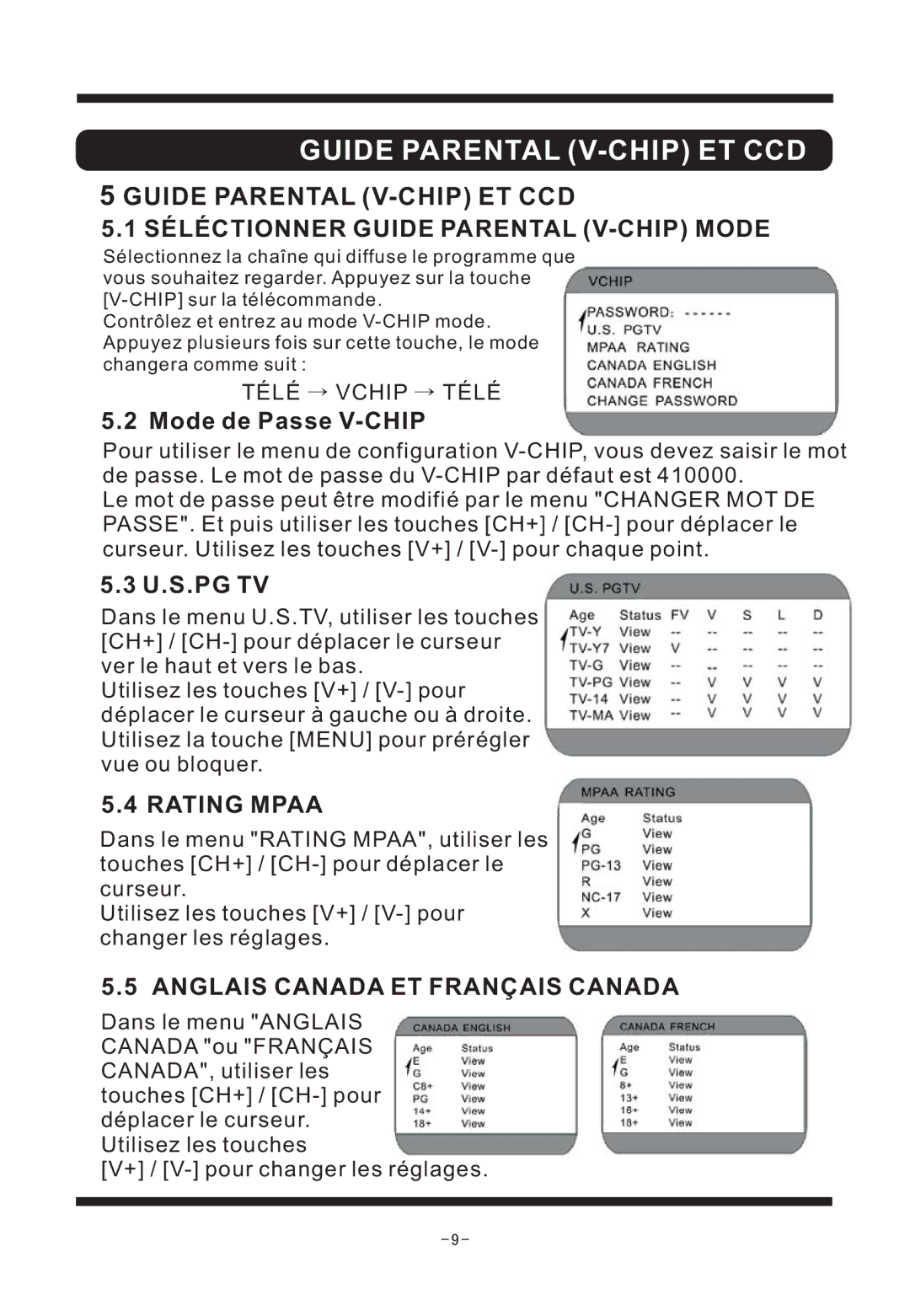 Curtis TV2040F manual Séléctionner Guide Parental V-CHIP Mode, Mode de Passe V-CHIP, U.S.Pg Tv, Rating Mpaa 