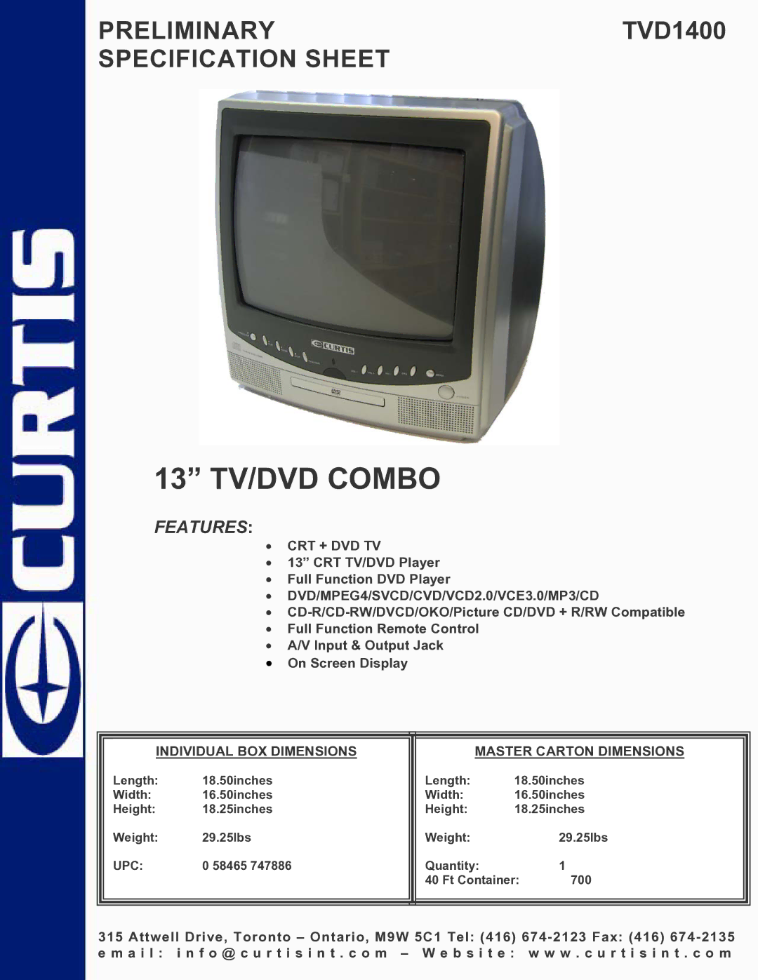 Curtis TVD1400 specifications 13 TV/DVD Combo, Features, Crt + Dvd Tv, DVD/MPEG4/SVCD/CVD/VCD2.0/VCE3.0/MP3/CD 
