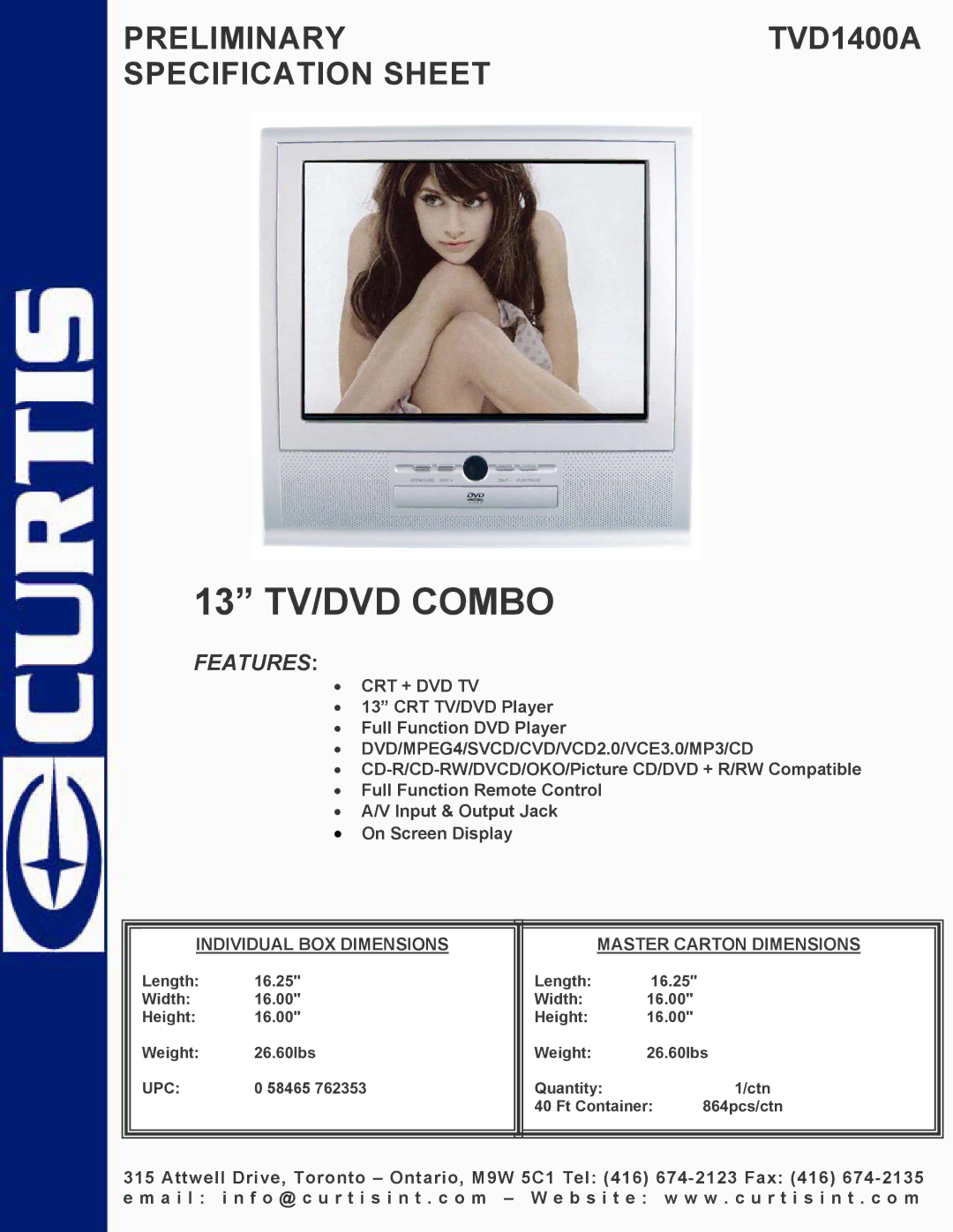 Curtis TVD1400A specifications 13 TV/DVD Combo, Features, Crt + Dvd Tv, DVD/MPEG4/SVCD/CVD/VCD2.0/VCE3.0/MP3/CD 