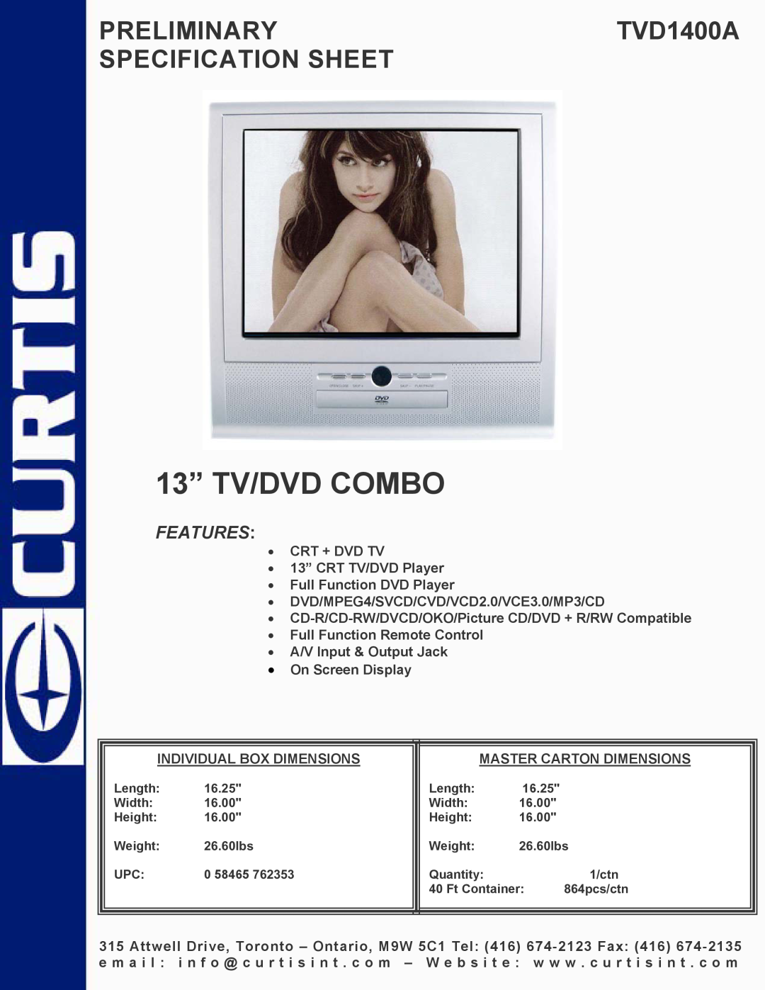 Curtis specifications 13” TV/DVD COMBO, PRELIMINARYTVD1400A SPECIFICATION SHEET, Features 