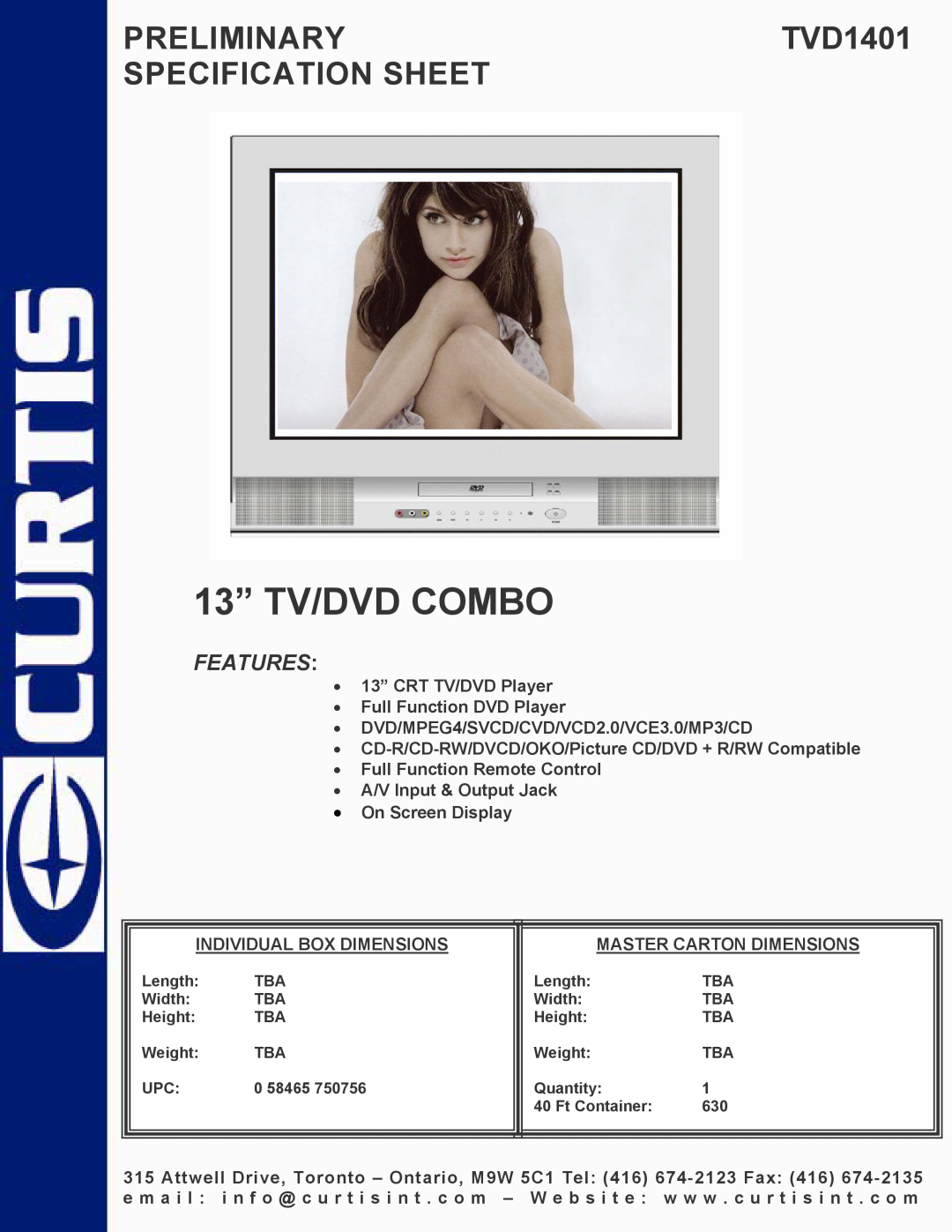 Curtis specifications 13” TV/DVD COMBO, PRELIMINARYTVD1401 SPECIFICATION SHEET, Features 