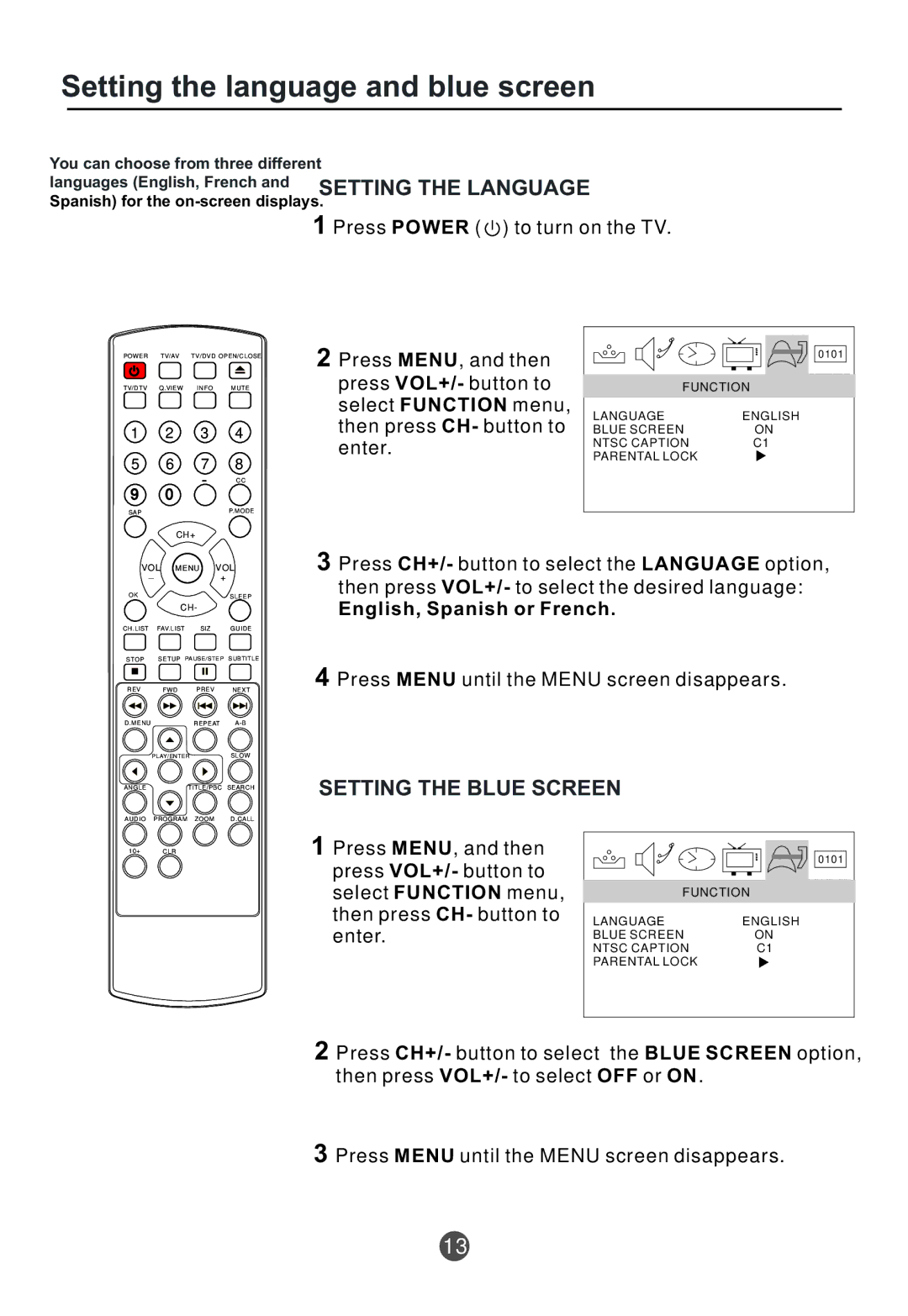 Curtis TVD2000A owner manual Setting the language and blue screen, Setting the Blue Screen, English, Spanish or French 