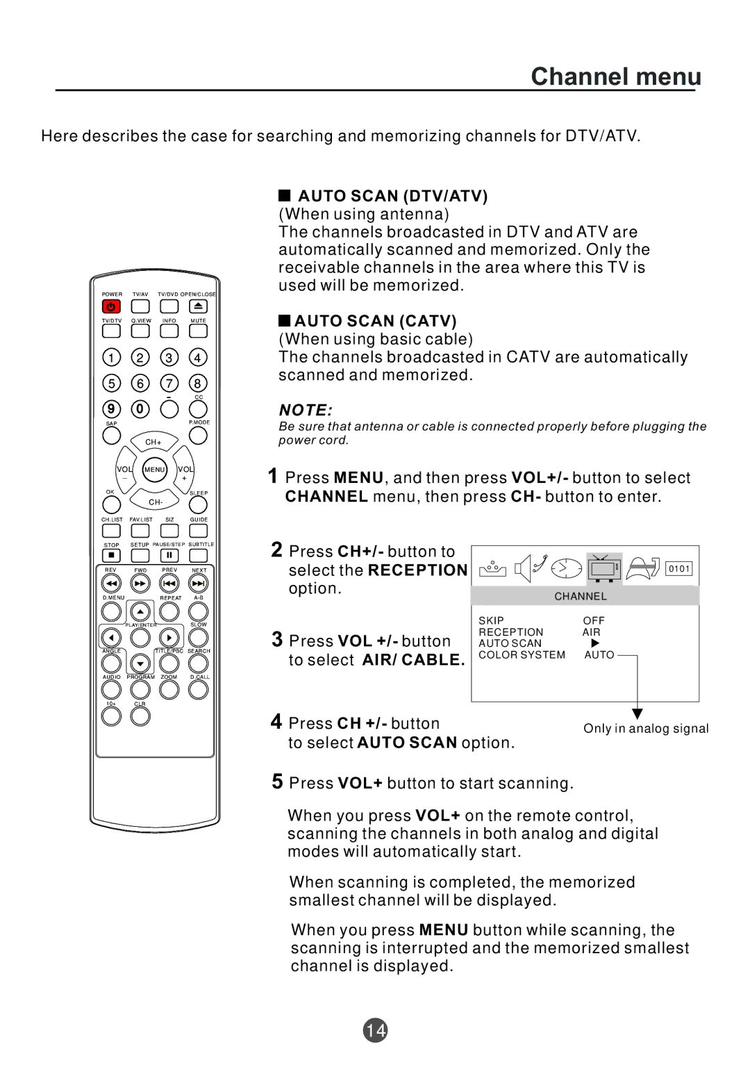 Curtis TVD2000A Channel menu, Auto Scan DTV/ATV When using antenna, Auto Scan Catv, To select AIR/ CABLE. Color System 