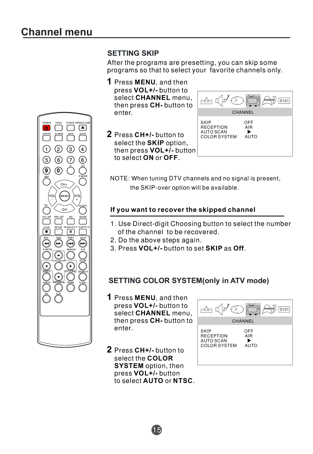 Curtis TVD2000A owner manual Setting Skip, Setting Color SYSTEMonly in ATV mode, If you want to recover the skipped channel 