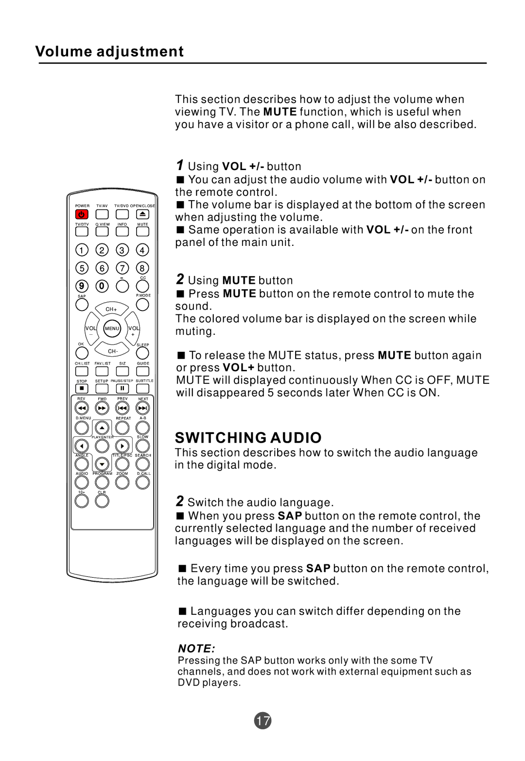 Curtis TVD2000A owner manual Volume adjustment, Switching Audio 