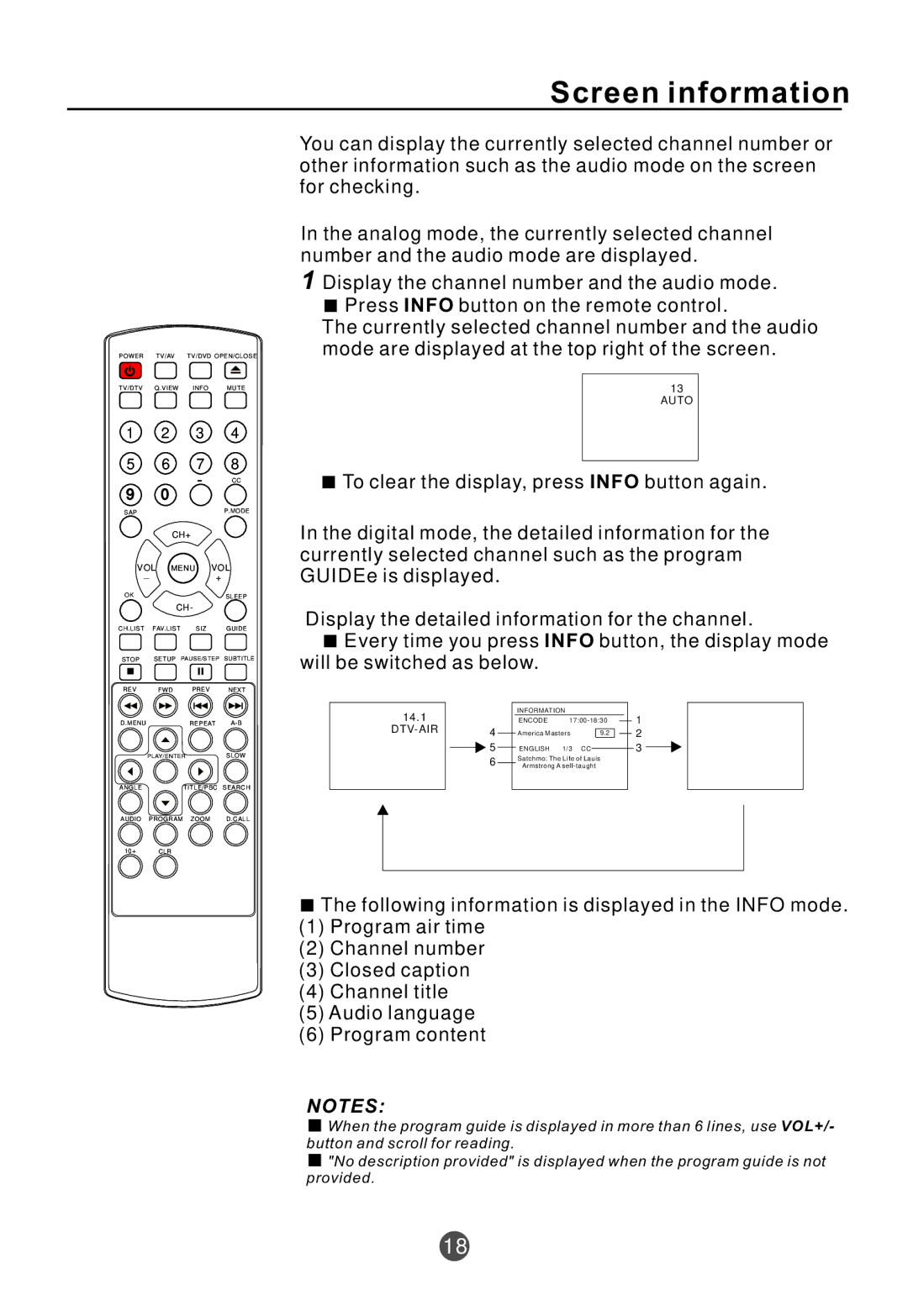 Curtis TVD2000A owner manual Screen information 