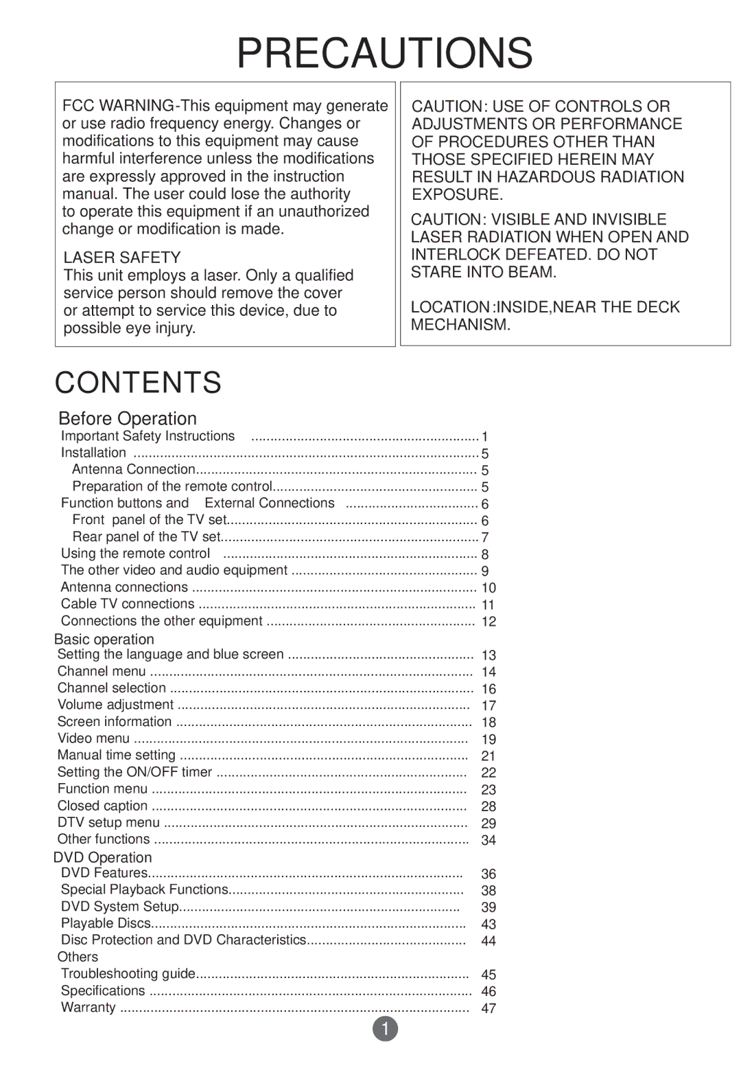 Curtis TVD2000A owner manual Precautions 