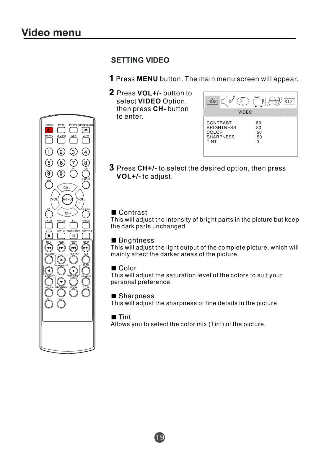 Curtis TVD2000A owner manual Video menu, Setting Video 