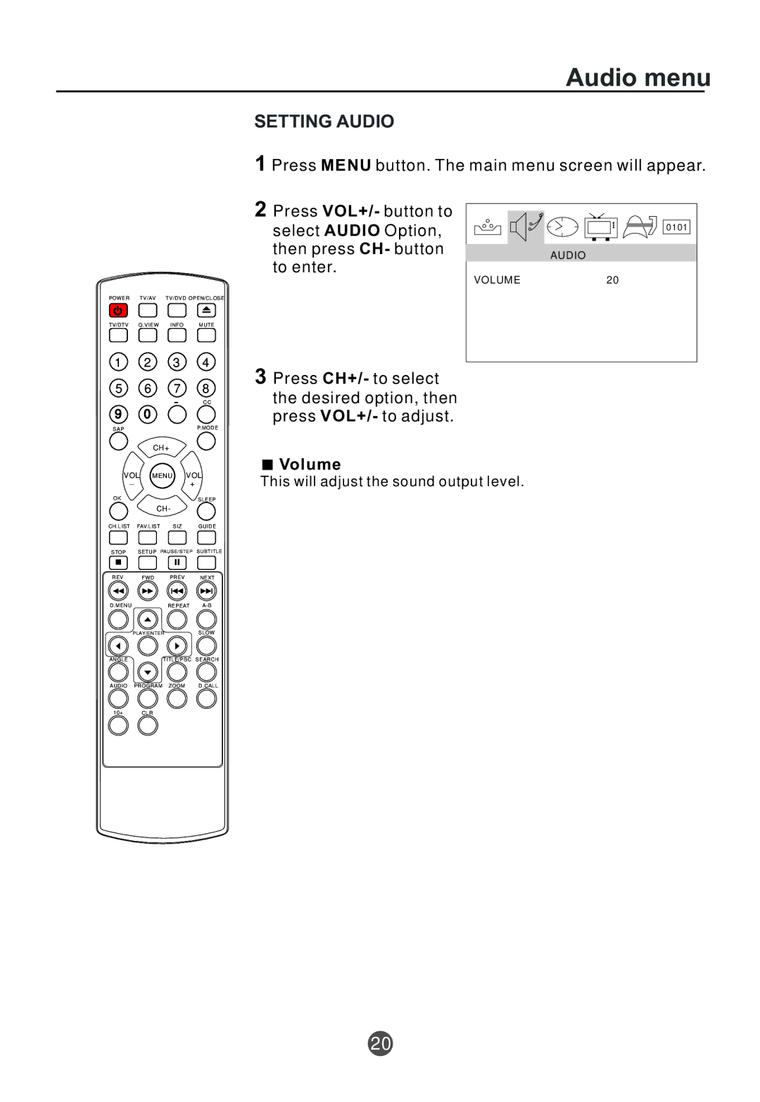 Curtis TVD2000A owner manual Audio menu, Setting Audio, Volume 