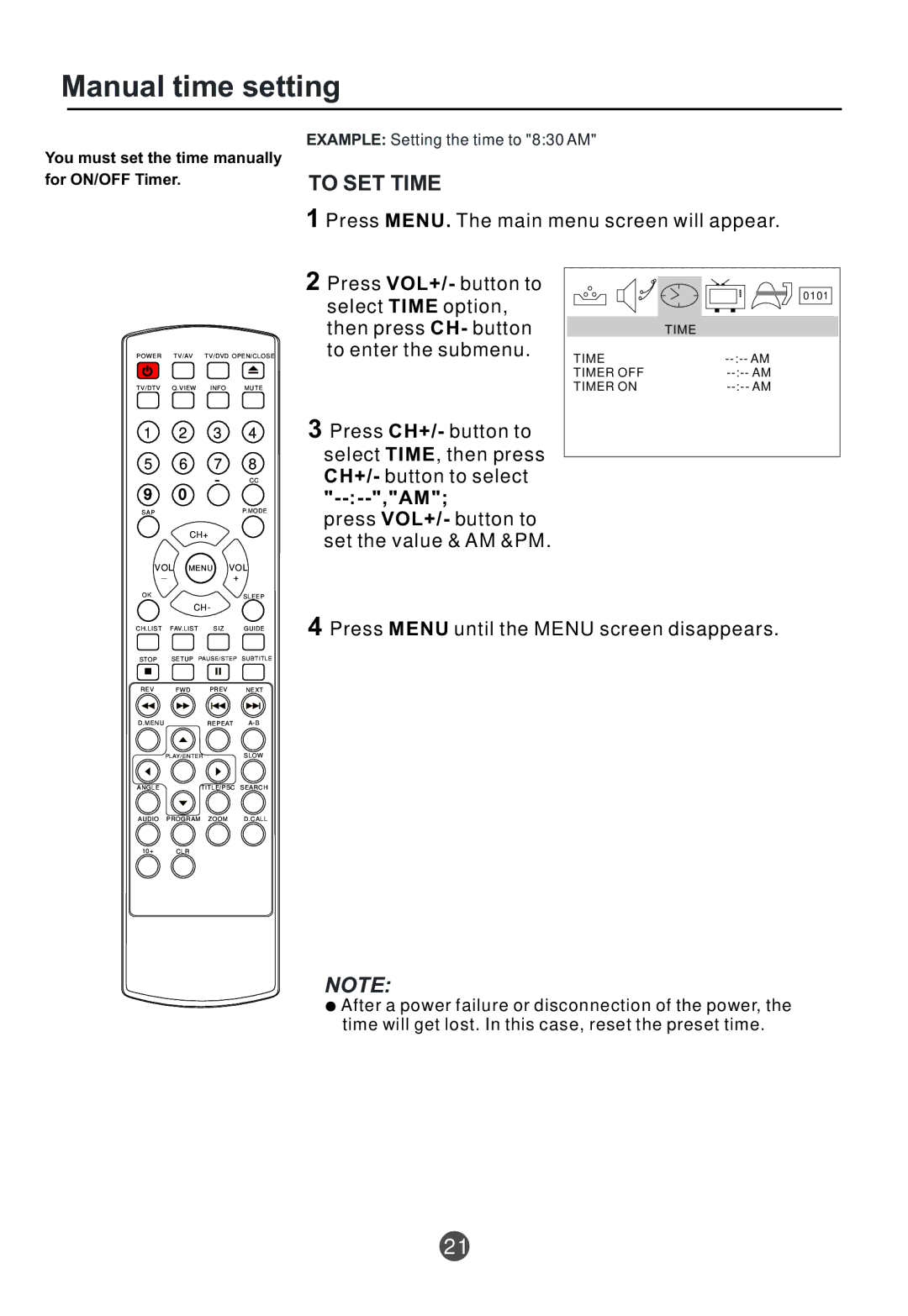 Curtis TVD2000A owner manual Manual time setting, To SET Time, Press MENU. The main menu screen will appear 