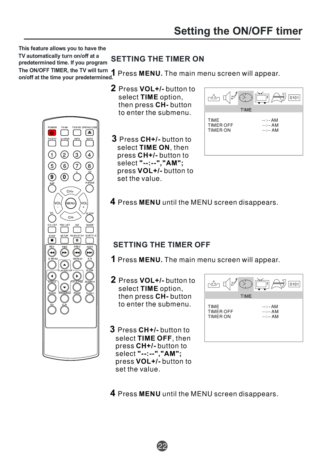 Curtis TVD2000A owner manual Setting the ON/OFF timer, Setting the Timer OFF, Select Time option Then press CH- button 