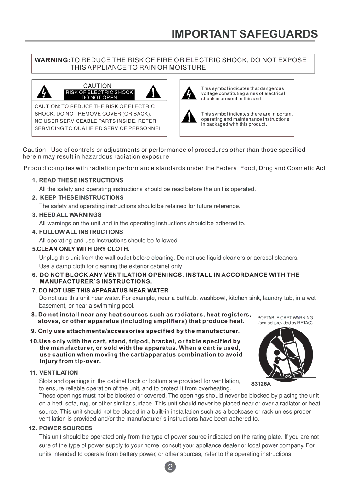 Curtis TVD2000A owner manual Important Safeguards 