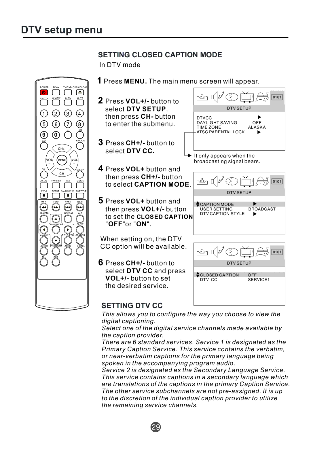 Curtis TVD2000A owner manual DTV setup menu, Setting Closed Caption Mode, Setting DTV CC, To select Caption Mode 