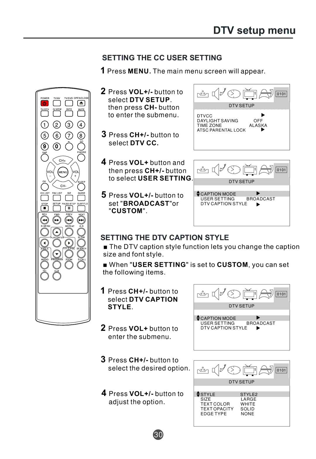 Curtis TVD2000A owner manual Setting the CC User Setting, Setting the DTV Caption Style 