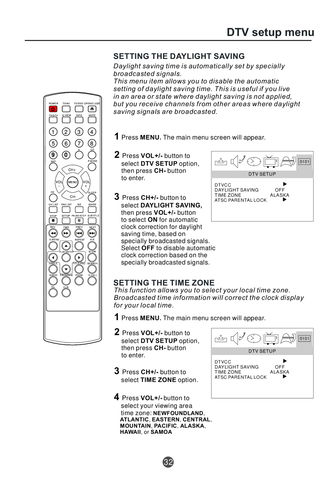 Curtis TVD2000A owner manual Setting the Daylight Saving, Setting the Time Zone 