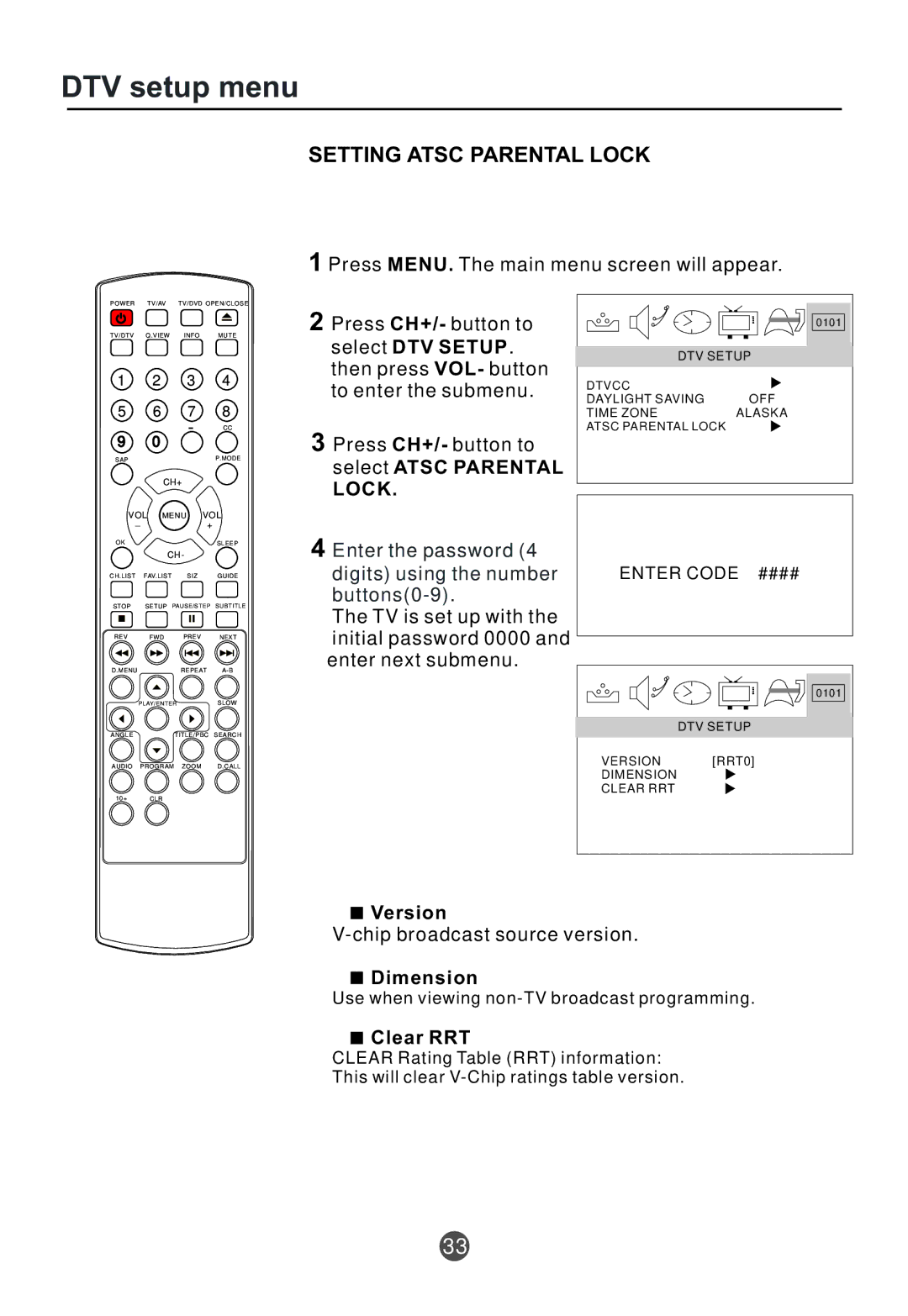 Curtis TVD2000A owner manual Setting Atsc Parental Lock, Version, Dimension, Clear RRT 