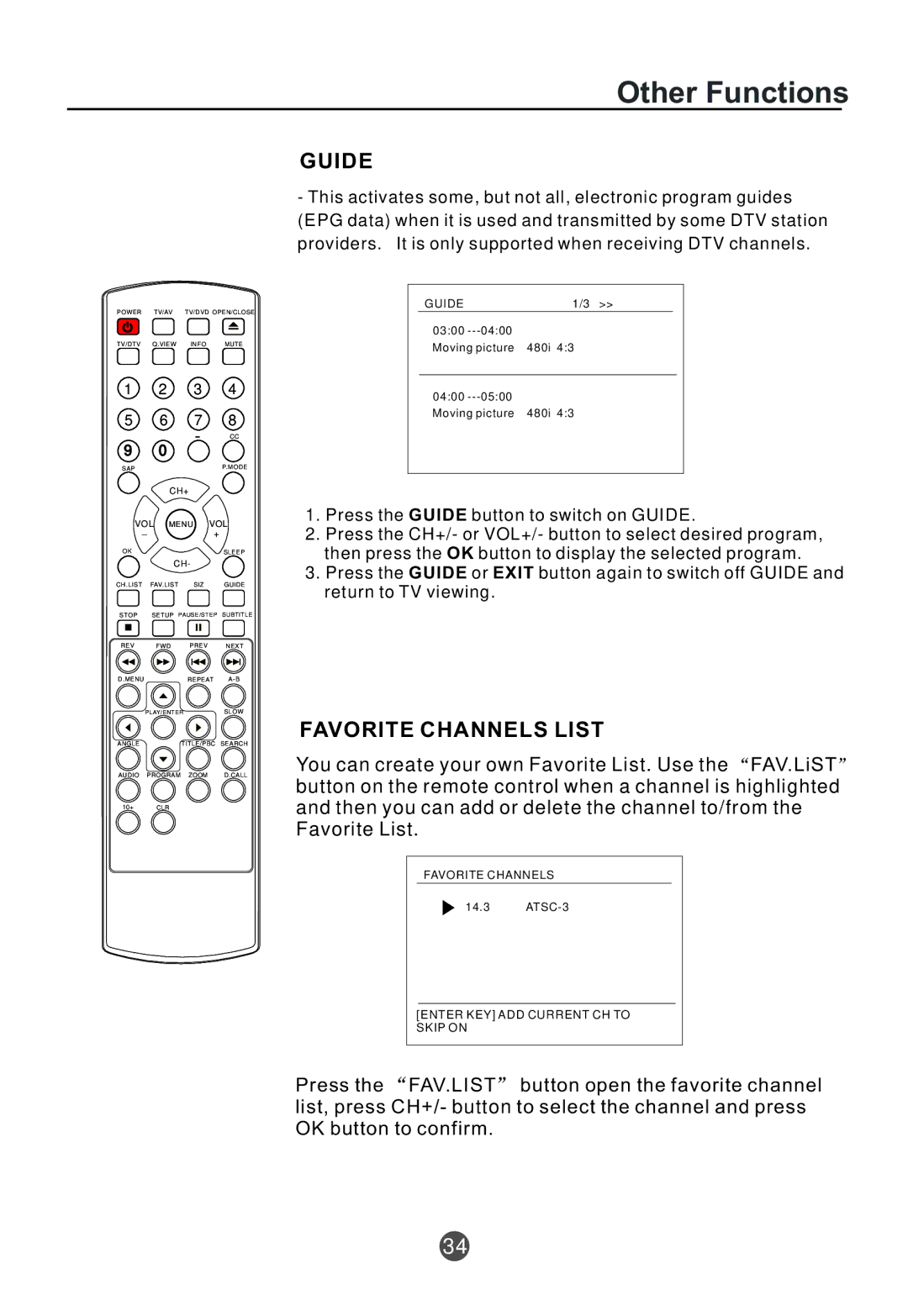 Curtis TVD2000A owner manual Other Functions, Guide, Favorite Channels List 