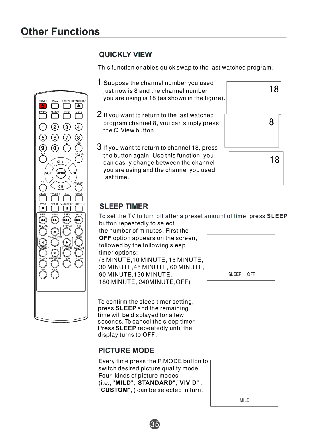 Curtis TVD2000A owner manual Quickly View, Sleep Timer, Picture Mode 