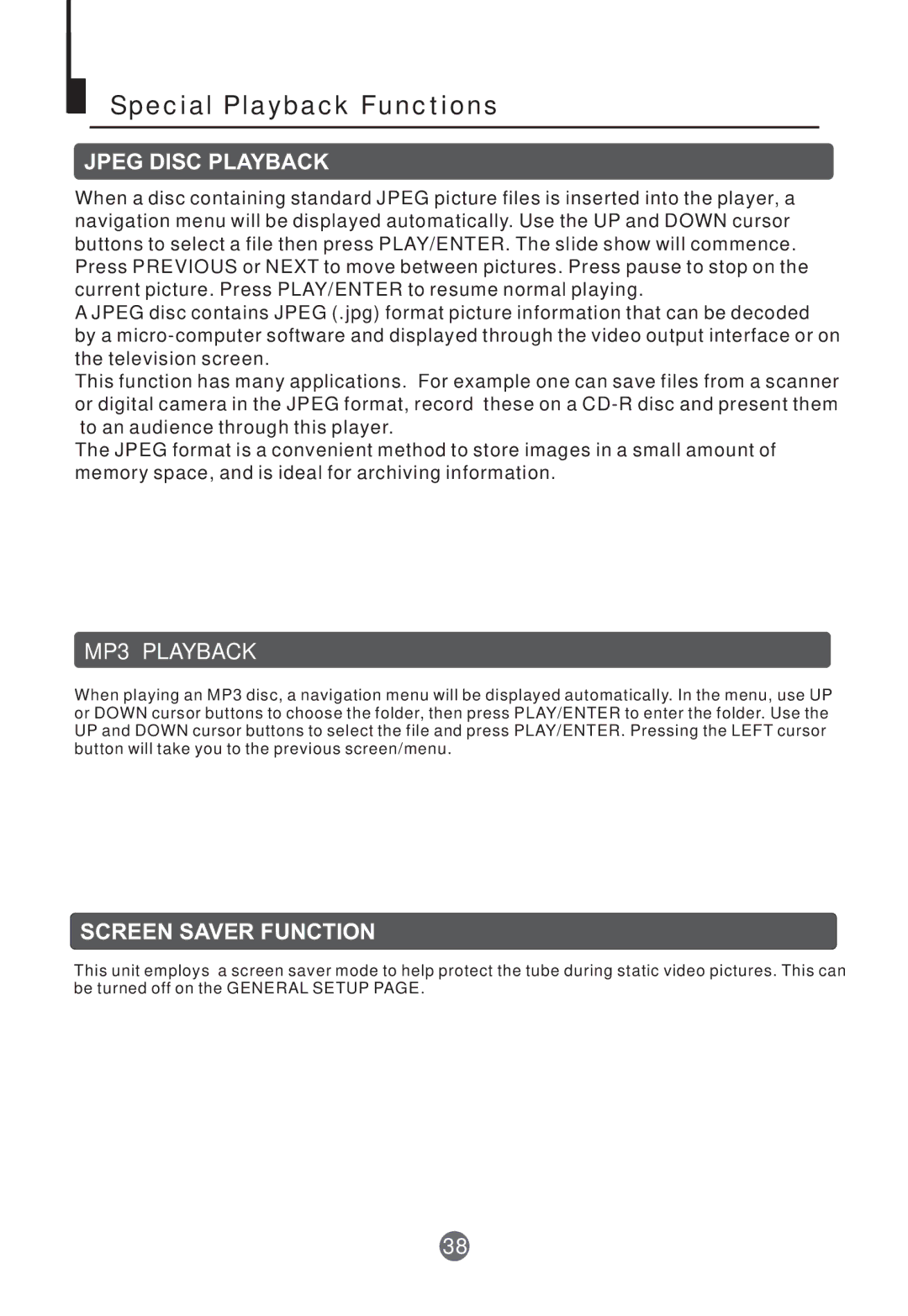 Curtis TVD2000A owner manual Special Playback Functions, Jpeg Disc Playback 