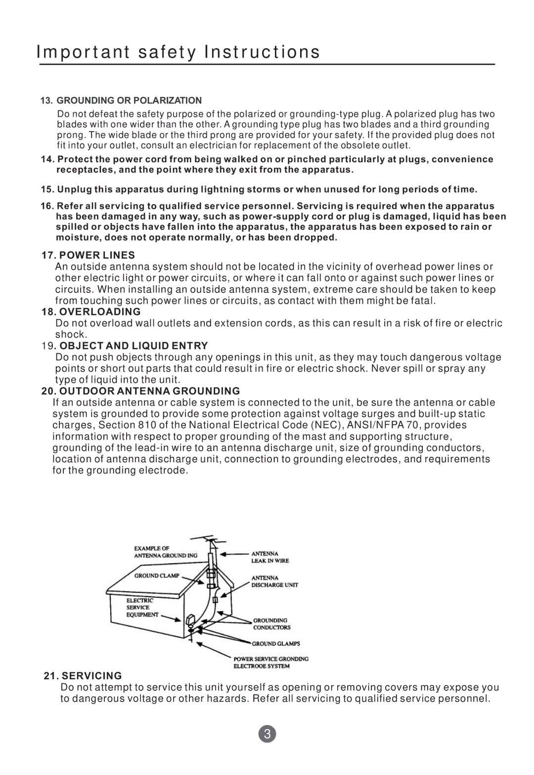 Curtis TVD2000A owner manual Important safety Instructions, Grounding or Polarization 