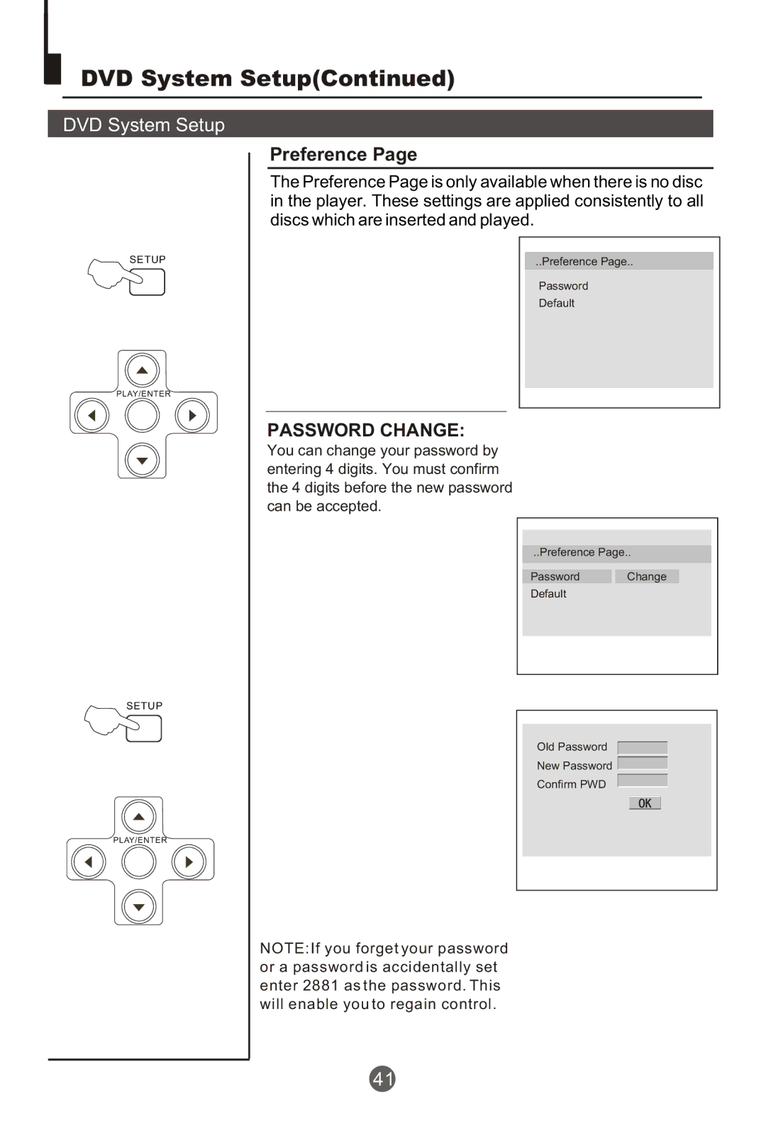 Curtis TVD2000A owner manual Password Change 