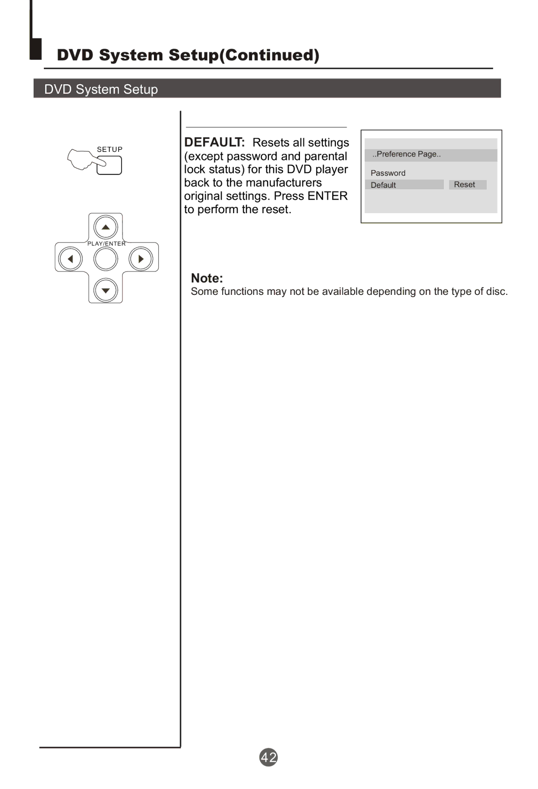 Curtis TVD2000A owner manual Preference Password DefaultReset 