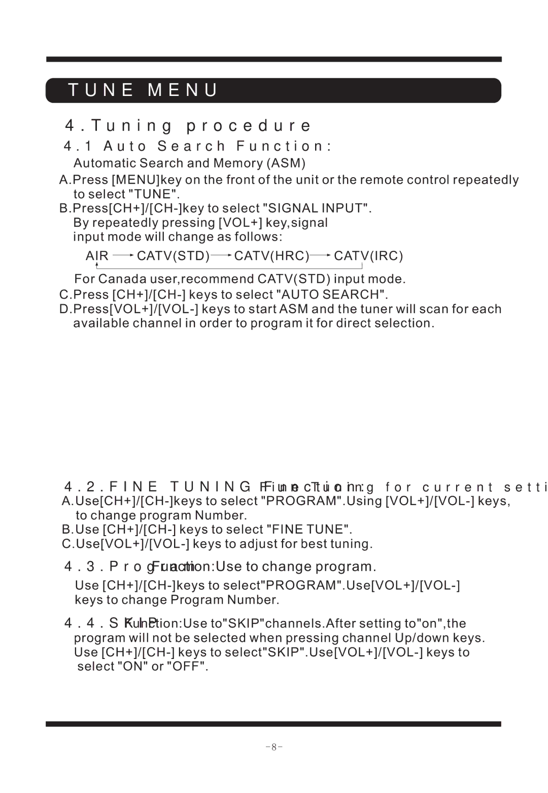 Curtis TVD2011 manual Tune Menu, Auto Search Function 