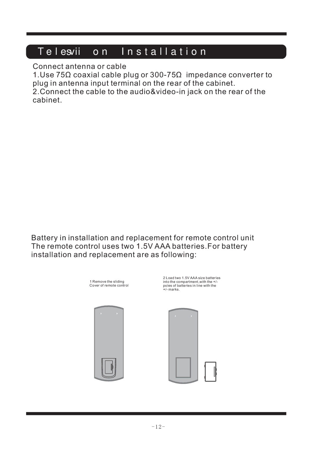 Curtis TVD2011 manual Television Installation 