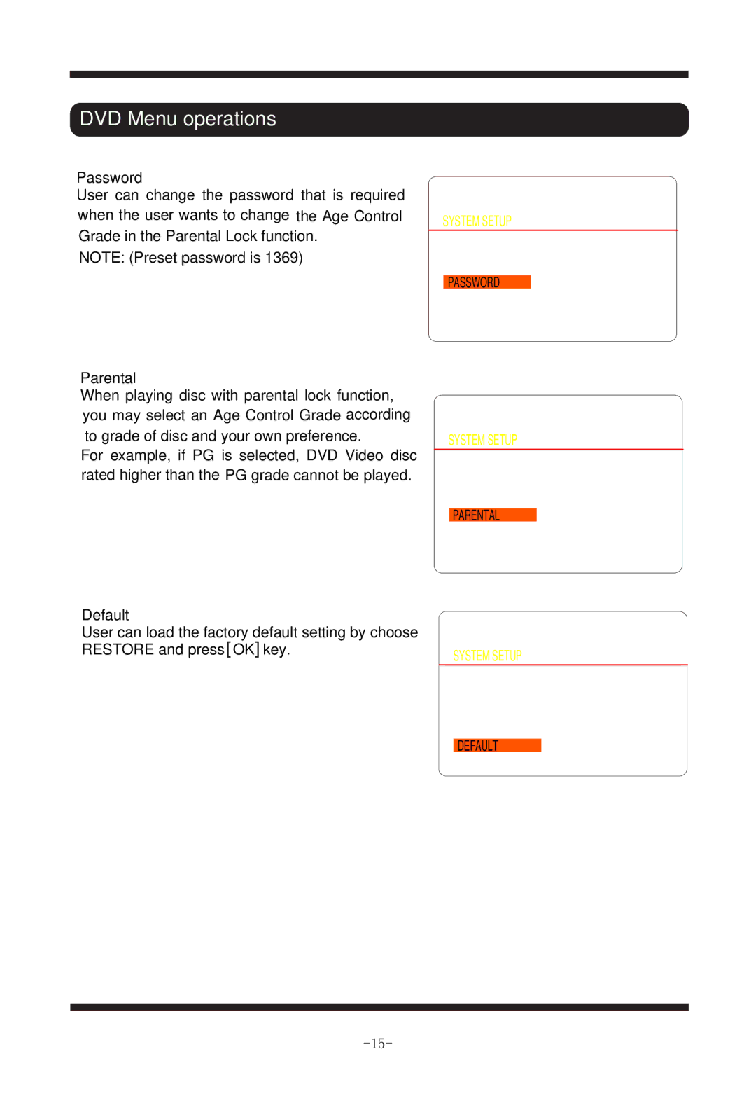 Curtis TVD2011 manual Password, Parental, Default 